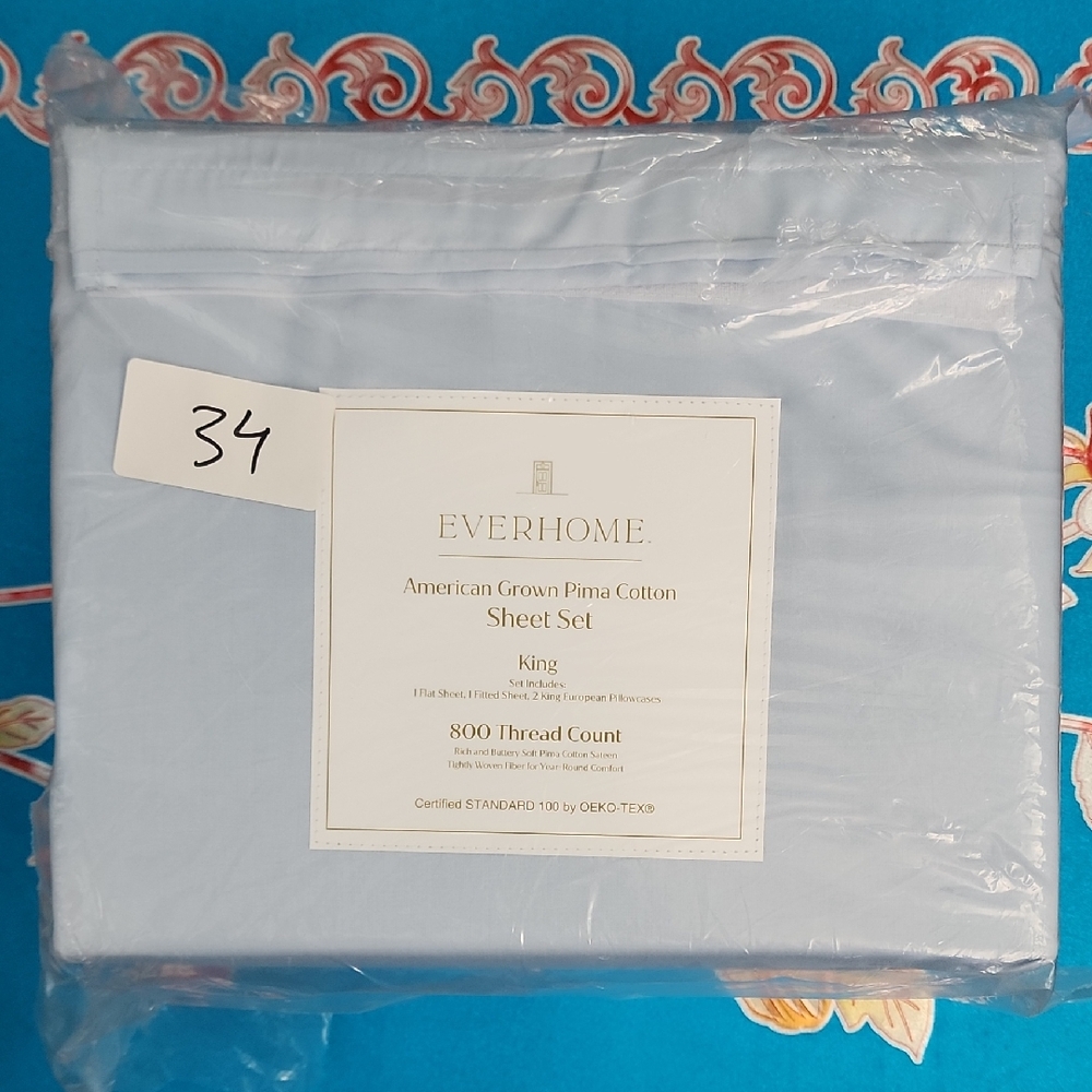 NEW! EVERHOME Light Blue Pima Cotton King Sheet Set